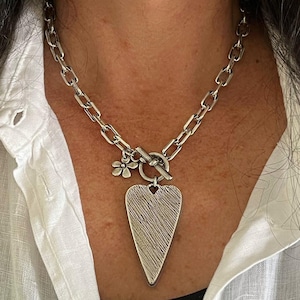 Heart toggle necklace, Silver necklace, Silver heart necklace and flower charm, Silver toggle necklace, Toggle necklace
