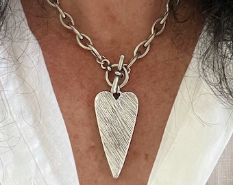 Silver necklace with toggle clasp and big heart pendant, Silver heart necklace,