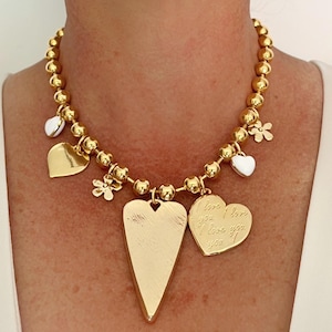 Statement necklace, Heart necklace, Chunky necklace, Gold heart necklace, Multi charm necklace