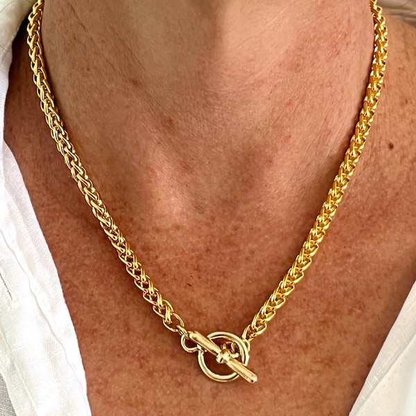 Gold necklace with toggle clasp, Gold chain necklace, Toggle necklace, Gold necklace