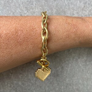 Gold heart bracelet, Gold bracelet with heart pendant, Gold toggle bracelet, Heart bracelet, Toggle clasp bracelet, Pixel heart bracelet