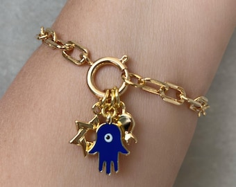 Pulsera con dijes, Pulsera de oro, Pulsera con múltiples dijes, Dije de Hamsa, Dije de Magen David, Pulsera con dijes de oro