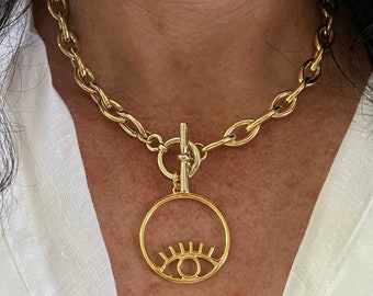 Toggle necklace with evil eye pendant, Gold toggle necklace,  Gold chain necklace, Evil eye necklace