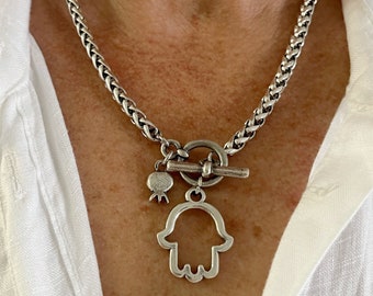 Hamsa necklace, Silver necklace with hamsa pendant and pomegranate charm, Silver hamsa necklace for women