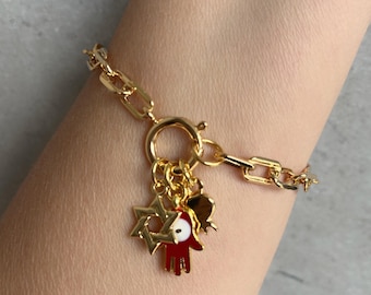 Pulsera con dijes, Pulsera de oro, Pulsera con múltiples dijes, Dije de Hamsa, Dije de Magen David, Pulsera con dijes de oro