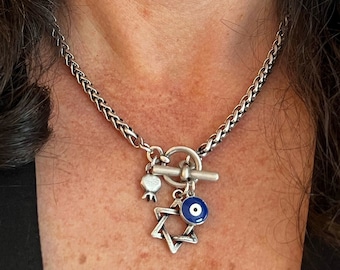 Magen david necklace, Silver necklace with Magen david and evil eye charm, Silver Magen david with pomegranate charm, Toggle clasp necklace