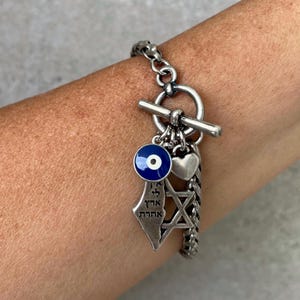 Karte von Israel, Silberarmband mit Karte von Israel Anhänger, Silber Knebelarmband, Silber Böser Blick und Herz Charms