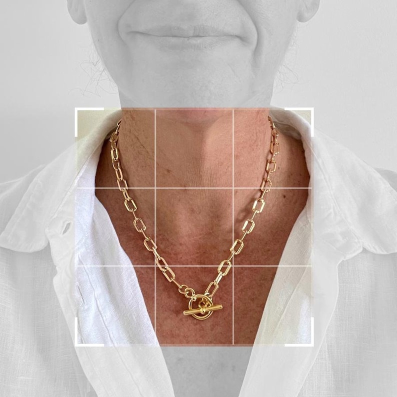 May include: A gold chain necklace with a toggle clasp. The chain is thick and has a square link design.