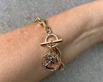 Gold coin bracelet, Gold bracelet with coin pendant, Gold toggle bracelet, Coin bracelet, Roman coin bracelet, Coin bracelet for women
