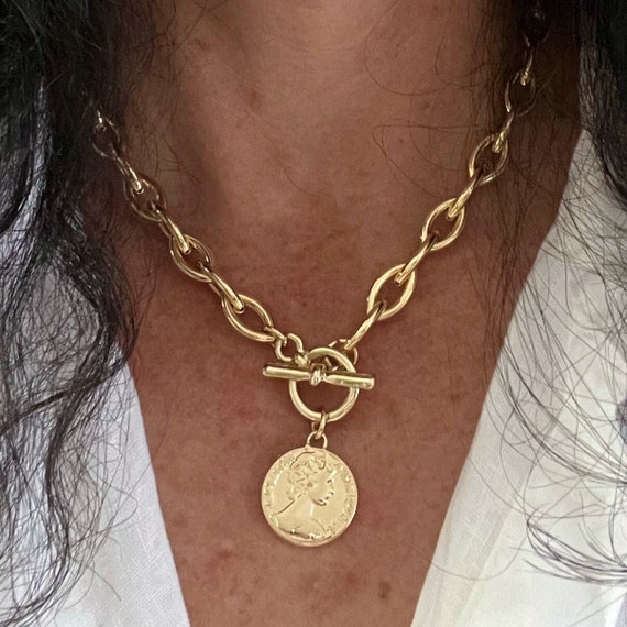Toggle Necklace With Gold Coin, Gold Toggle Necklace, Gold  18k Gold Plated Chunky Ancient Roman Coin Toggle Necklace main image 0