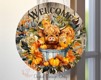 Cabide de porta Fall Baby Highland Cow PNG: 12 polegadas redondo (download digital)