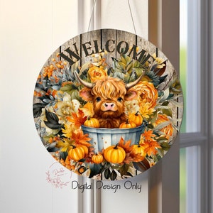 Fall Baby Highland Cow Door Hanger PNG: 12 Inch Round (Digital Download)