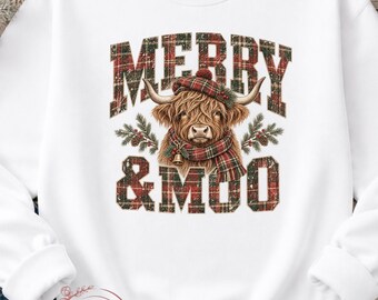 Christmas Highland Cow PNG, Merry and Moo, Country Rustic Cow Sublimation Design, Scottish Highland Cow PNG, Digital Download