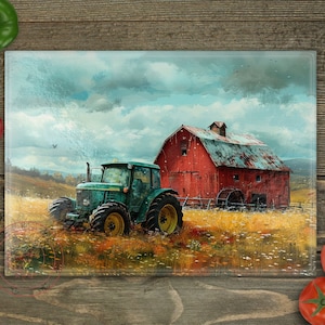 May include: A green tractor is parked in a field of tall grass with a red barn in the background. The sky is cloudy and the scene is painted in a watercolor style.