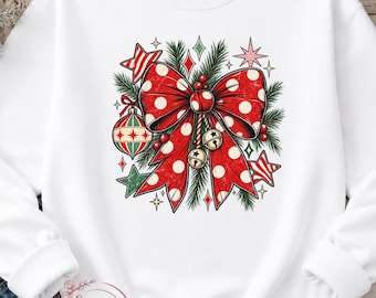Christmas Bow PNG, Red Coquette Ribbon, Retro Ornaments and Jingle Bells Sublimation Design, Digital Download