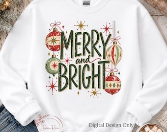Merry and Bright Christmas PNG, Retro Christmas Ornaments Sublimation Design, Vintage Holiday PNG, Digital Download