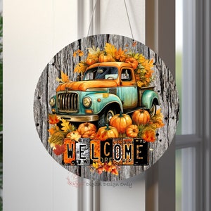 Fall Vintage Truck, Country Rustic Round Sublimation Door Hanger PNG Design, Welcome Autumn Door Sign 12 Inch Round PNG Digital Download