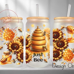 Bee Sunflower Glass Wrap Tumbler PNG, Just Bee Honey Bee 16 Oz Glass Can Wrap PNG, Cute Floral Flowers Sublimation Glass Cup Wrap