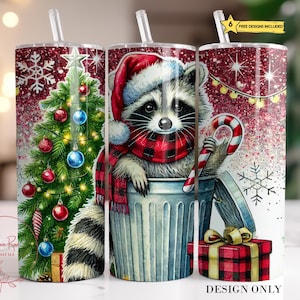 Christmas Raccoon Tumbler Wrap PNG, Cute Raccoon 20 Oz Skinny Sublimation Tumbler PNG, Trendy Christmas Raccoon Tumbler Design Download