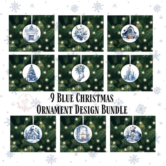 Blue Christmas Round Ornament PNG Bundle, Sublimation Ornament Designs, Digital Download