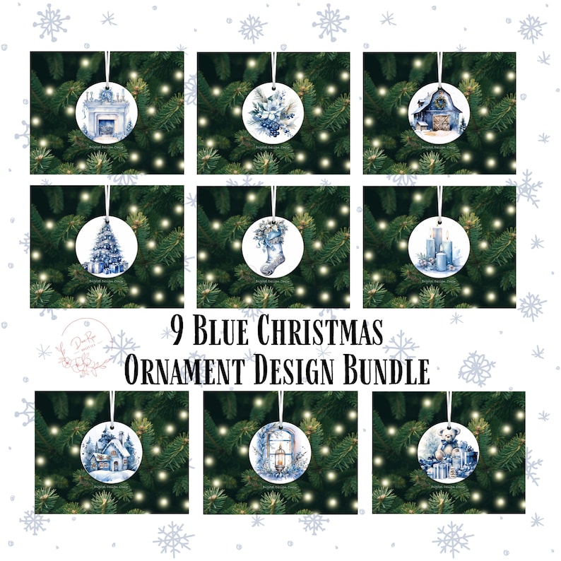 K&ouml;nnte beinhalten: Neun runde blaue Weihnachtsornament-Designs. Jedes Ornament zeigt ein anderes Aquarelldesign, darunter ein Kamin, Blumenarrangements, ein Haus, ein Weihnachtsbaum, ein Strumpf, Kerzen, ein Fenster und ein Teddyb&auml;r. Der Text lautet "9 Blue Christmas Ornament Design Bundle."