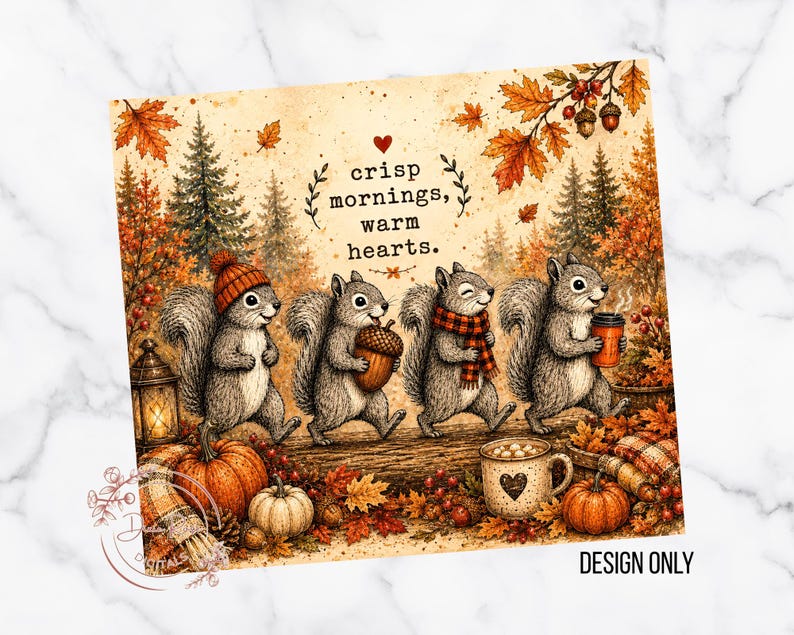 Pode incluir: Uma estampa gr&aacute;fica quadrada com quatro esquilos em uma floresta de outono. O texto diz crisp mornings, warm hearts. A cena inclui ab&oacute;boras, uma caneca de cacau, uma lanterna e folhagens de outono em tons de laranja, marrom e dourado.