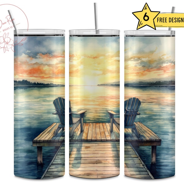 Lake, Personalize, Horizon, Pier, Chairs, Lake Life, Retirement, 20 Oz Skinny Sublimation Tumbler Wrap Digital Design PNG File Download