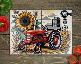 May include: A red vintage tractor with a sunflower and a windmill in the background. The tractor is on a wooden surface with a rustic design.