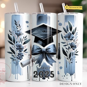 Blue Senior 2025 Graduation Tumbler Wrap PNG: Floral Grad Sublimation Design (Digital Download)