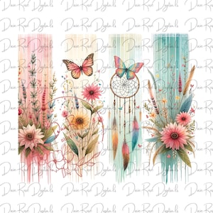 K&ouml;nnte beinhalten: Ein digitaler Kunstdruck mit einem Traumf&auml;nger mit Federn, Schmetterlingen und floralen Designs in Rosa-, Gelb- und Blaut&ouml;nen. Der Hintergrund ist ein Aquarell in Pastellfarben.