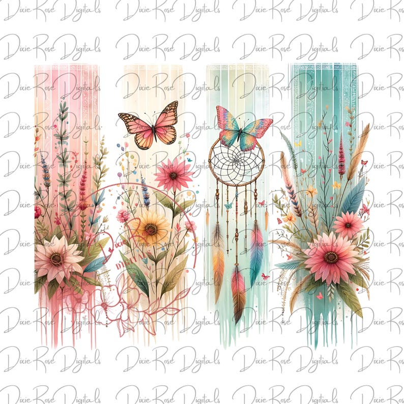 K&ouml;nnte beinhalten: Ein digitaler Kunstdruck mit einem Traumf&auml;nger mit Federn, Schmetterlingen und floralen Designs in Rosa-, Gelb- und Blaut&ouml;nen. Der Hintergrund ist ein Aquarell in Pastellfarben.