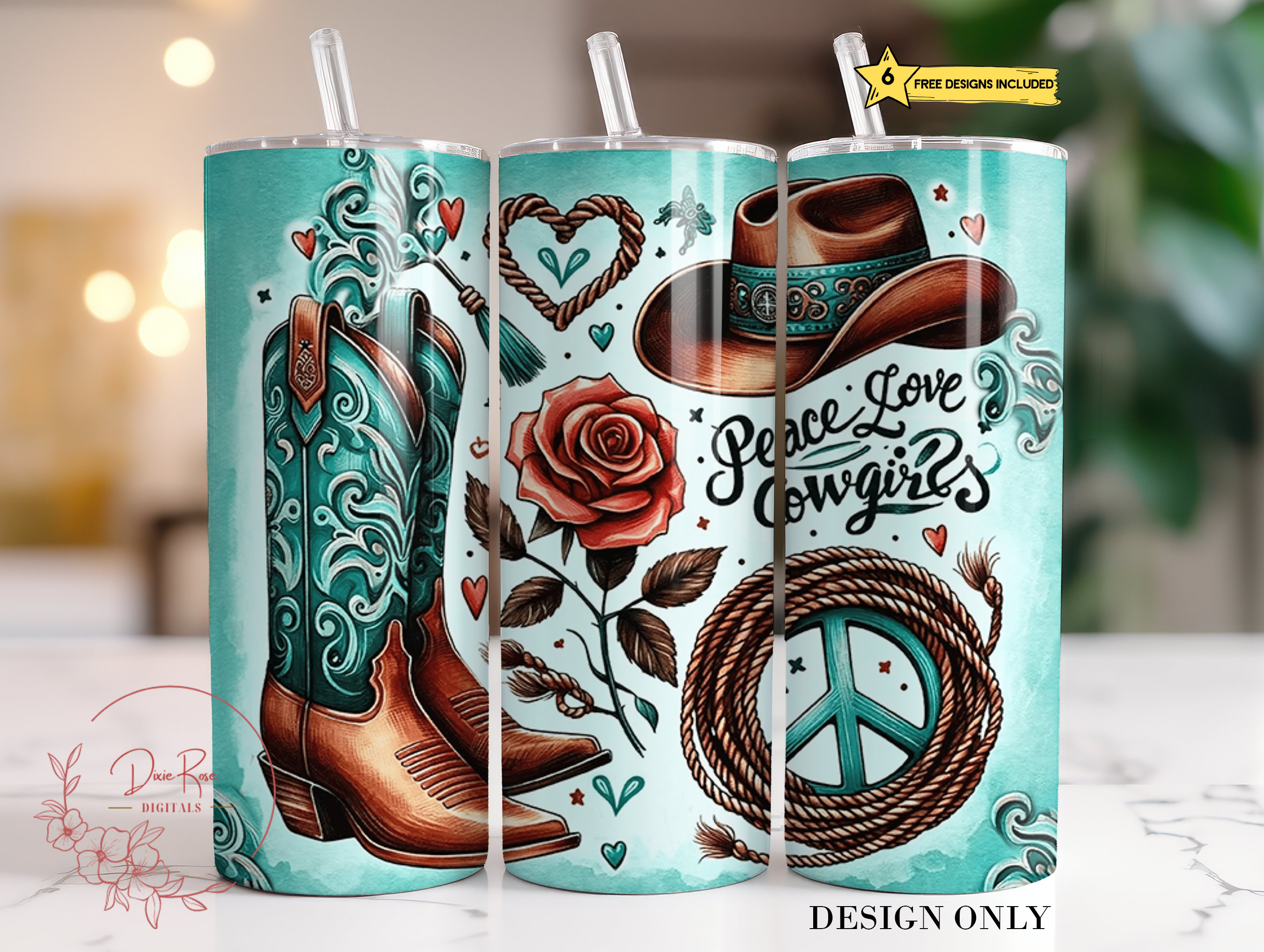 Cowgirl Tumbler Wrap PNG: Peace Love Cowboys, Boots & Hat