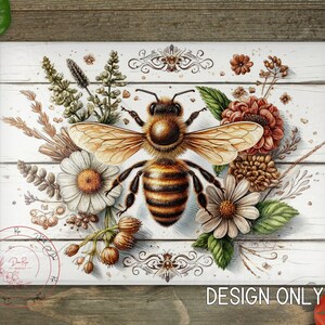 May include: A white wooden cutting board with a bee surrounded by flowers. The bee is brown and yellow with black stripes. The flowers are white, yellow, and red. The cutting board has a design of a bee and flowers in the corner.