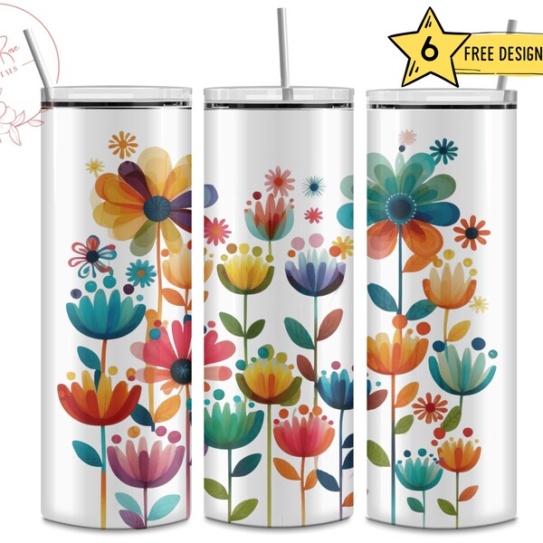 Groovy Retro Bright Colorful Watercolor Flowers, 20 Oz Skinny Sublimation Tumbler Wrap Digital Design PNG File Download