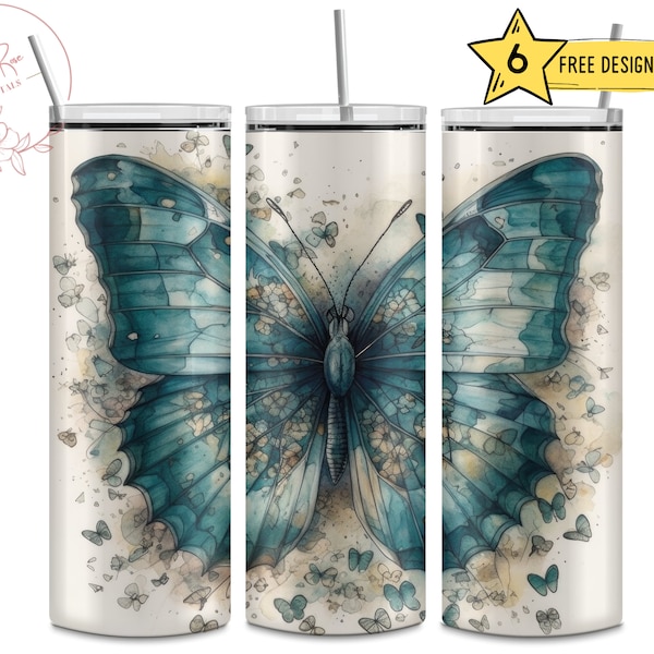 Vintage Butterfly, Teal, Cottage-Core Style, Nature, 20 Oz Skinny Sublimation Tumbler Wrap Digital Design PNG File Download