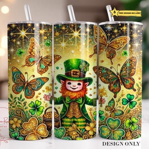 St Patrick&#39;s Leprechaun Tumbler Wrap PNG: Clover Butterfly Sublimation Design (Digital Download)