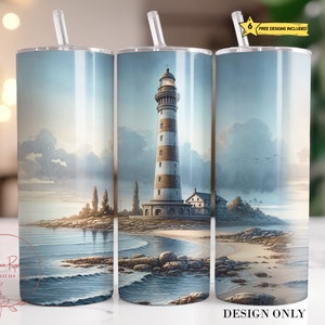 Lighthouse Tumbler Wrap PNG, Seamless Ocean Lighthouse 20 Oz Skinny Sublimation Tumbler PNG, Personalize Beach Tumbler Design Download