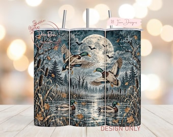 Mallard Duck Tumbler Wrap PNG Sublimation Design, Moonlight Duck Hunting, Full Moon Mallards PNG, Dark Wildlife Digital Download
