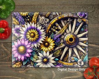 May include: A rectangular decorative panel featuring a vibrant floral design with a wagon wheel. The artwork showcases large, colorful flowers in shades of purple, pink, yellow, and white, with a detailed wagon wheel. The text "Digital Design Only" is visible.