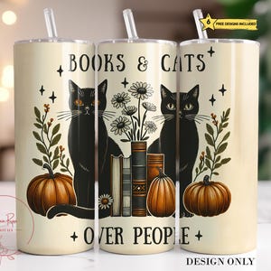 Books and Cats Tumbler Wrap PNG, Cute Cat Mom 20 Oz Skinny Sublimation Tumbler png, Black Cat Lover Tumbler Design Digital Download
