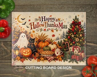 Happy HallowThanksMas PNG Glass Cutting Board PNG, Ghost Christmas Tree Kitchen Baking Sublimation Design, Digital Download