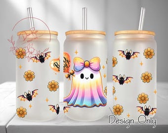 Floral Ghost Glass Can Wrap PNG: Coquette Halloween Tumbler Sublimation Design (Digital Download)