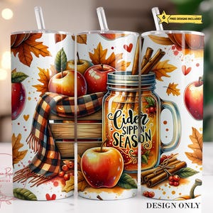 Fall Apple Cider Tumbler Wrap PNG, Autumn Leaves 20 Oz Skinny Tumbler Sublimation Design, Cinnamon Spice Season Tumbler PNG Design