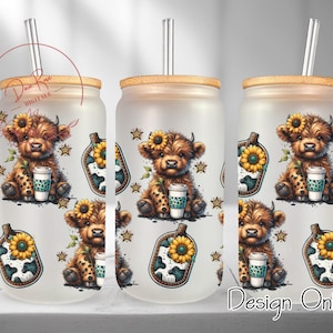 Western Highland Cow Glass Wrap Tumbler PNG, Coffee 16 Oz Glass Can Wrap PNG, Trendy Cow Print Sunflower Cow Sublimation Glass Cup Wrap