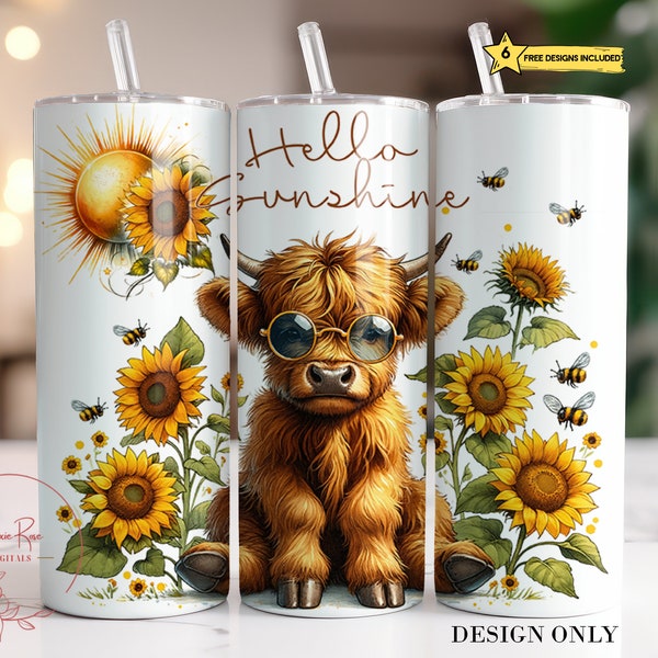 Sunflower Highland Cow Tumbler Wrap, Bees 20 Oz Skinny Sublimation Tumbler PNG, Cute Hello Sunshine Summer Tumbler Design Digital Download