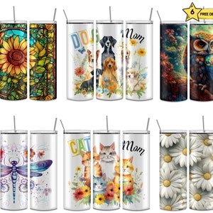 May include: Six different designs for 20 ounce stainless steel tumblers. The designs include a stained glass sunflower, a dragonfly, a cat and flowers, a dog and flowers, a mum with flowers, and an owl in a forest.