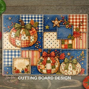 Tabla de cortar de vidrio con diseño de patchwork de calabazas otoñales PNG, diseño de sublimación PNG de campo otoñal, descarga digital