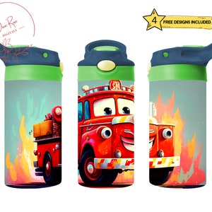 Firetruck Kids 12 Oz Flip Top Skinny Sublimation Tumbler Wrap Digital Design PNG File Download