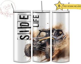 May include: White tumbler with a black and white graphic of a side by side vehicle with the text "Side by Side Life".