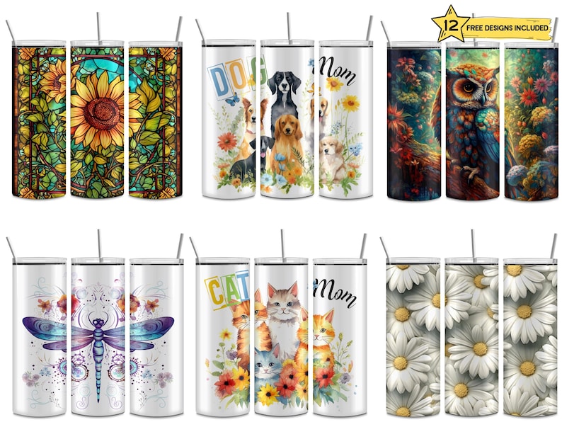 Pode incluir: Uma cole&ccedil;&atilde;o de doze copos cil&iacute;ndricos com palhinhas, apresentando v&aacute;rios designs gr&aacute;ficos, incluindo girass&oacute;is em vitral, c&atilde;es com o texto DOG Mom, corujas coloridas, lib&eacute;lulas, gatos com o texto CAT Mom e margaridas brancas.